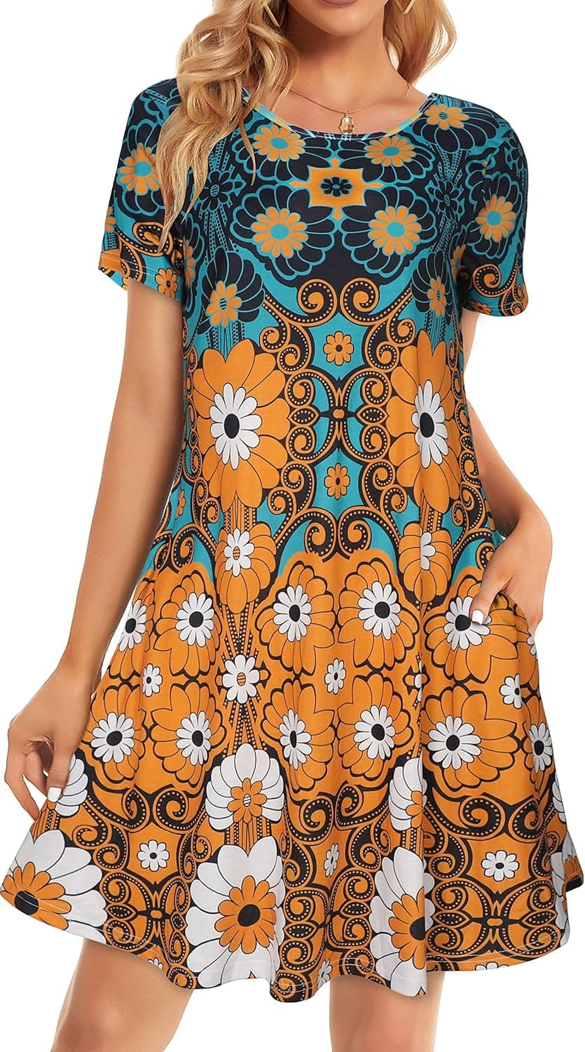 Womens Summer Dresses Beach Casual Tshirt Plus Size Floral Short Sleeve Loose Flowy Sundresses