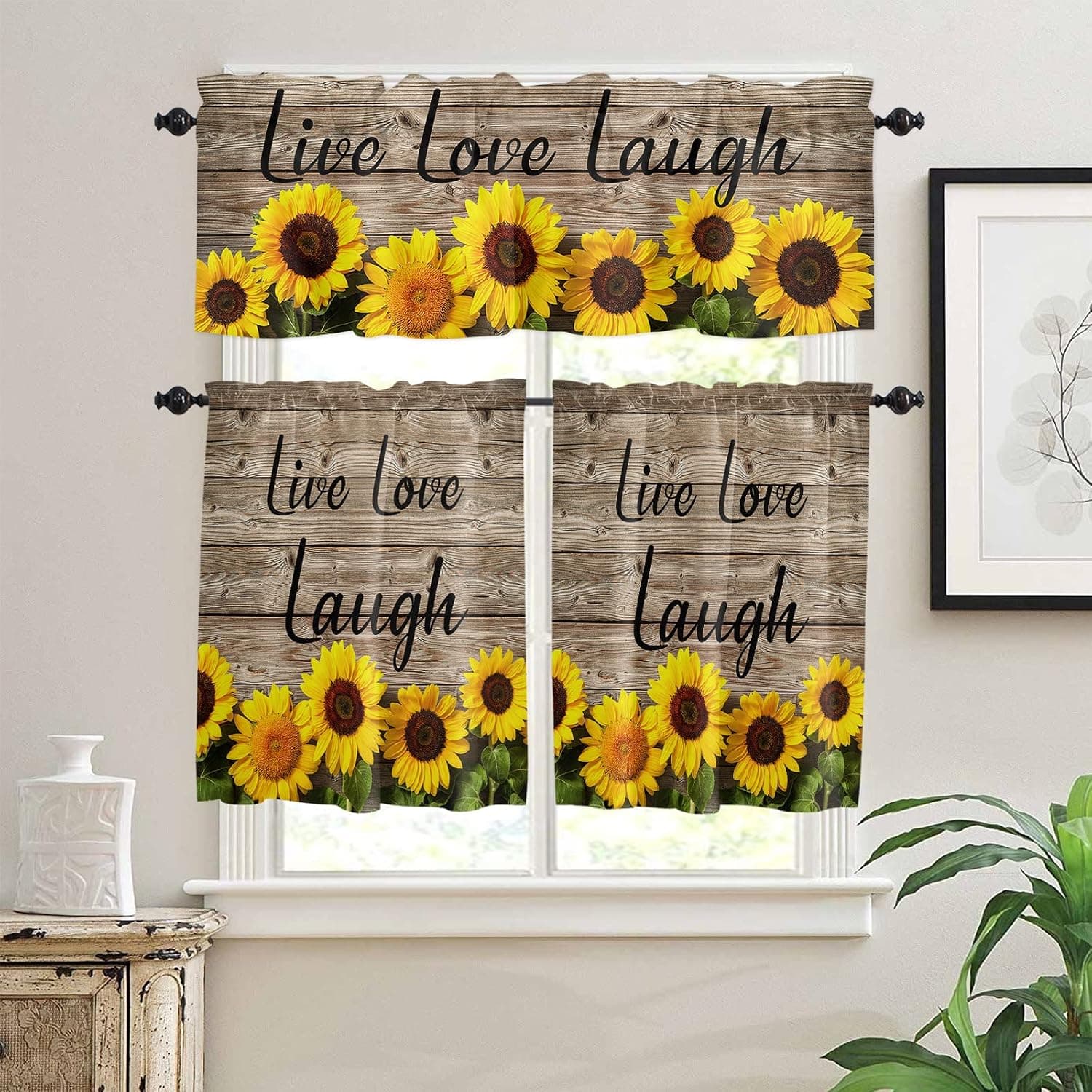 ALAGEO Sunflower Kitchen Curtain Valance and Tiers Set Farmhouse Flower Rod Pocket Kitchen Tier Valance Set 3 Piece Floral Rustic Wooden Live Love Laugh Window Curtain Valance Tier Set 54 in x 24 in