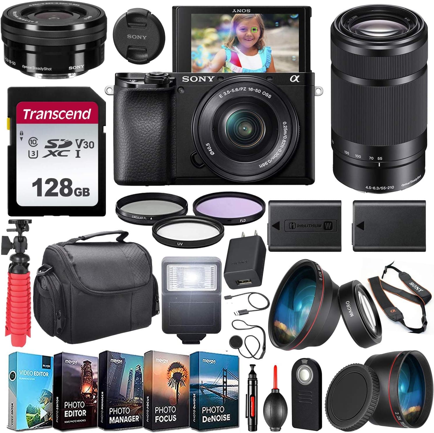 Sony Alpha a6100 Mirrorless Camera UHD 4K 2 Lens Kit (ILCE6100Y/B) with 16-50mm & 55-210mm Lens + Extra Battery + Flash + Wide Angle & Telephoto Lens + Filters + 128GB U3 V30 Memory Accessory Bundle