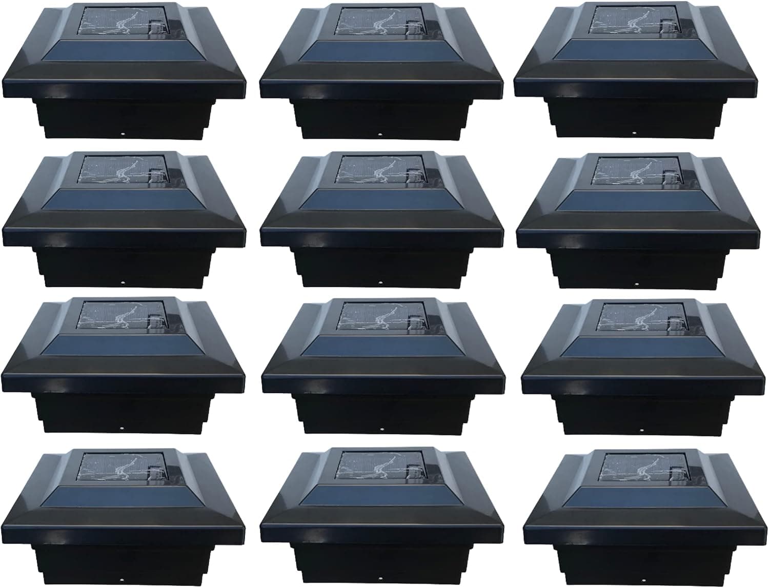 JAYXC HOME 12-Pack Outdoor 5 in. x 5 in. PVC/Vinyl Solar-Powered Contemporary Beveled Post Cap SMD Light (Black Finish Color)