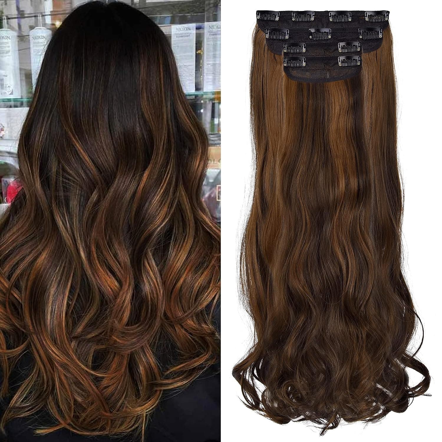 REECHO 24" Curly Wavy Long 4 PCS Set Thick Clip in on Hair Extensions Dark brown with Chestnut Highlights