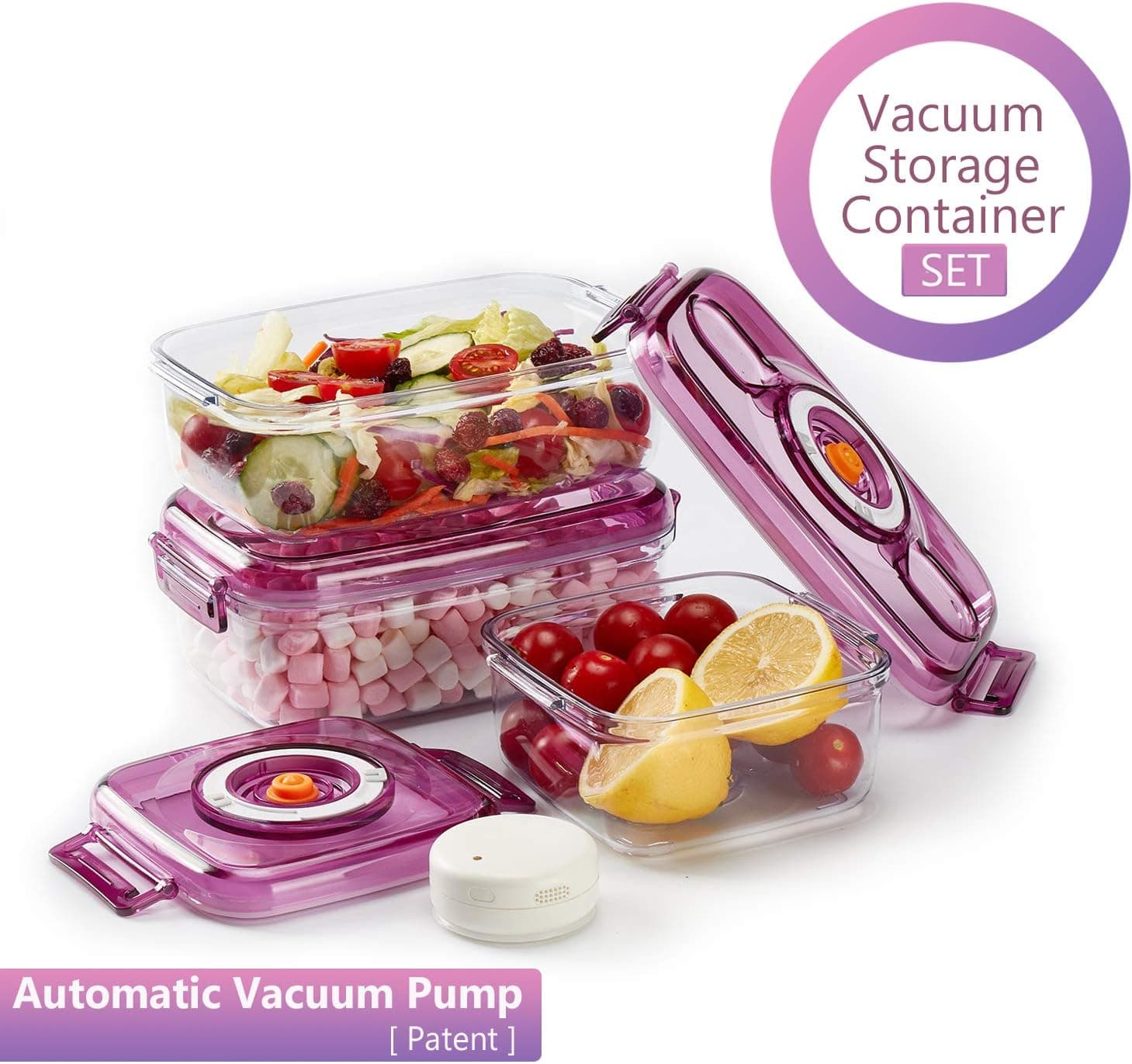 Jueapu Vacuum Food Storage Containers with Lids and Automatic Pump, BPA Free Storage Containers Great for Keeping Produce or Fruit Freshness, Royal Purple & Stackable (3 Containers, 1 Pump)