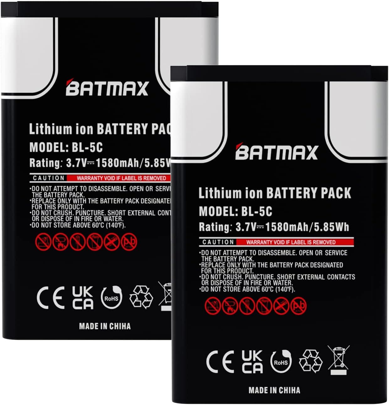 Batmax 2Pc 3.7V 1580mAh BL-5C Battery for Household Radio