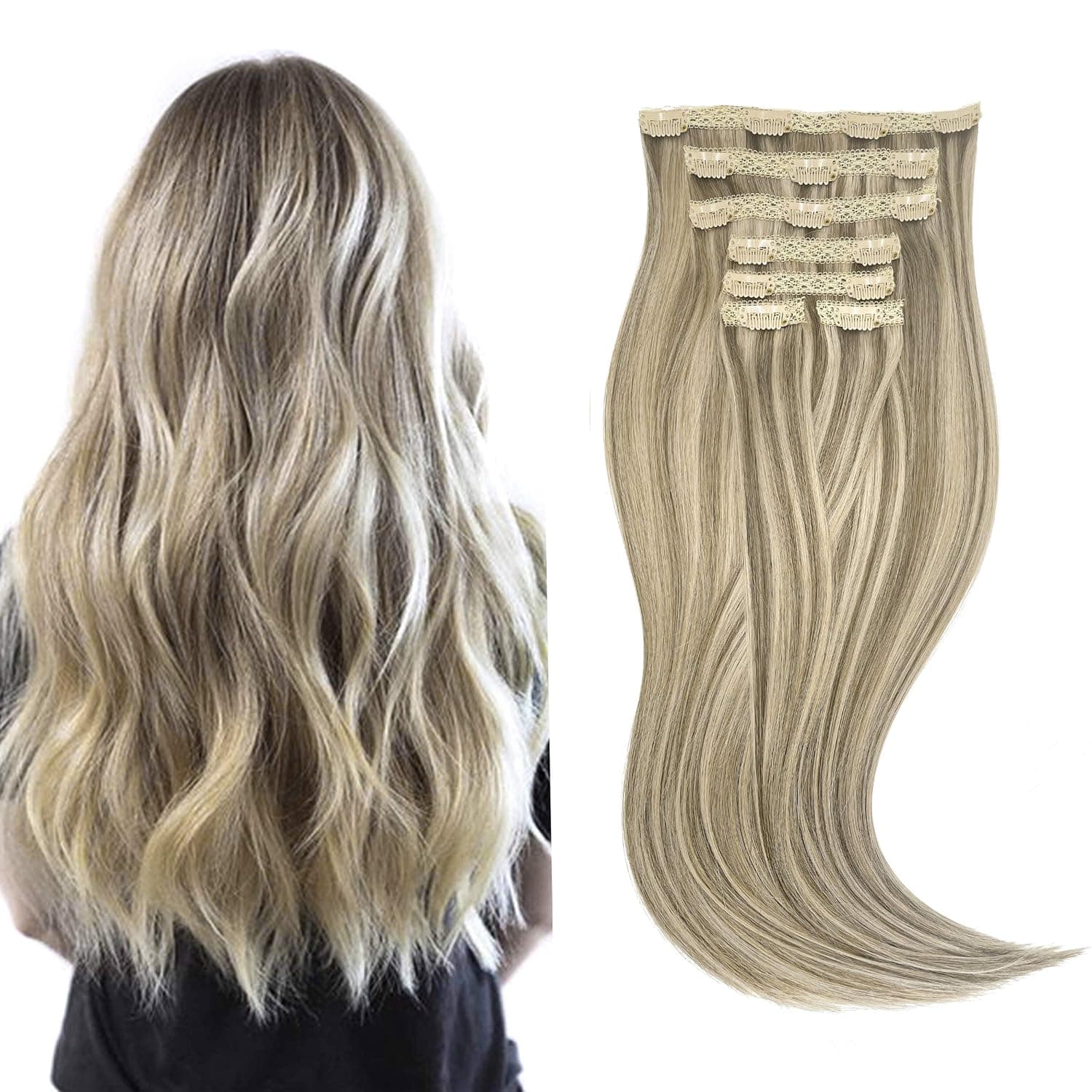 Hanna Int Clip in Extensions Human Hair Highlight Dirty Blonde Remy Hair Extensions Clip in 7 Pcs 100 Grams Ash Brown Highlight Clip in Hair Extensions