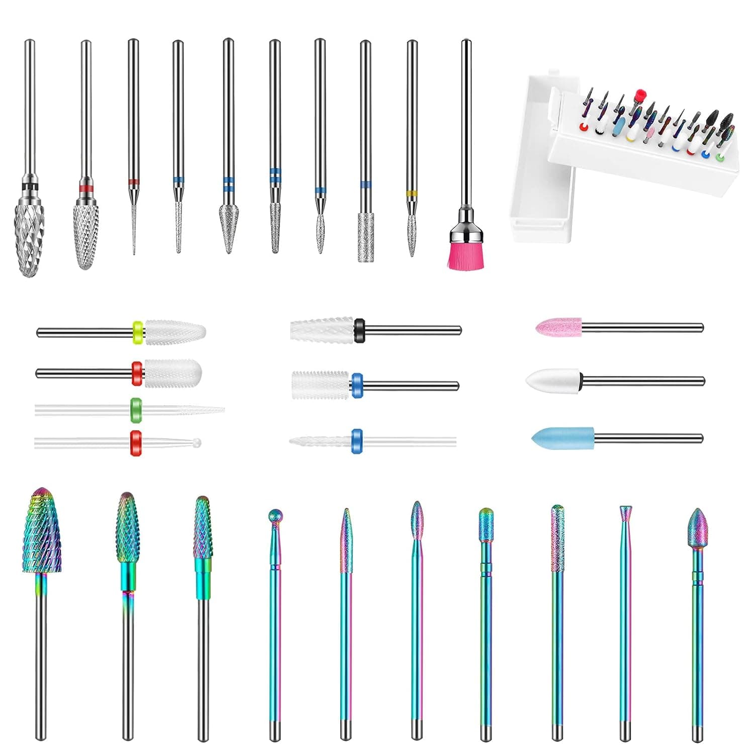 30 Pcs Nail Drill Bits Set with 30 Holes Holder, 3/32 Inch Tungsten Carbide Ceramic Nail Drill Bits, Diamond Cuticle Remover Bits Kit for Home Salon Acrylic Gel Nail