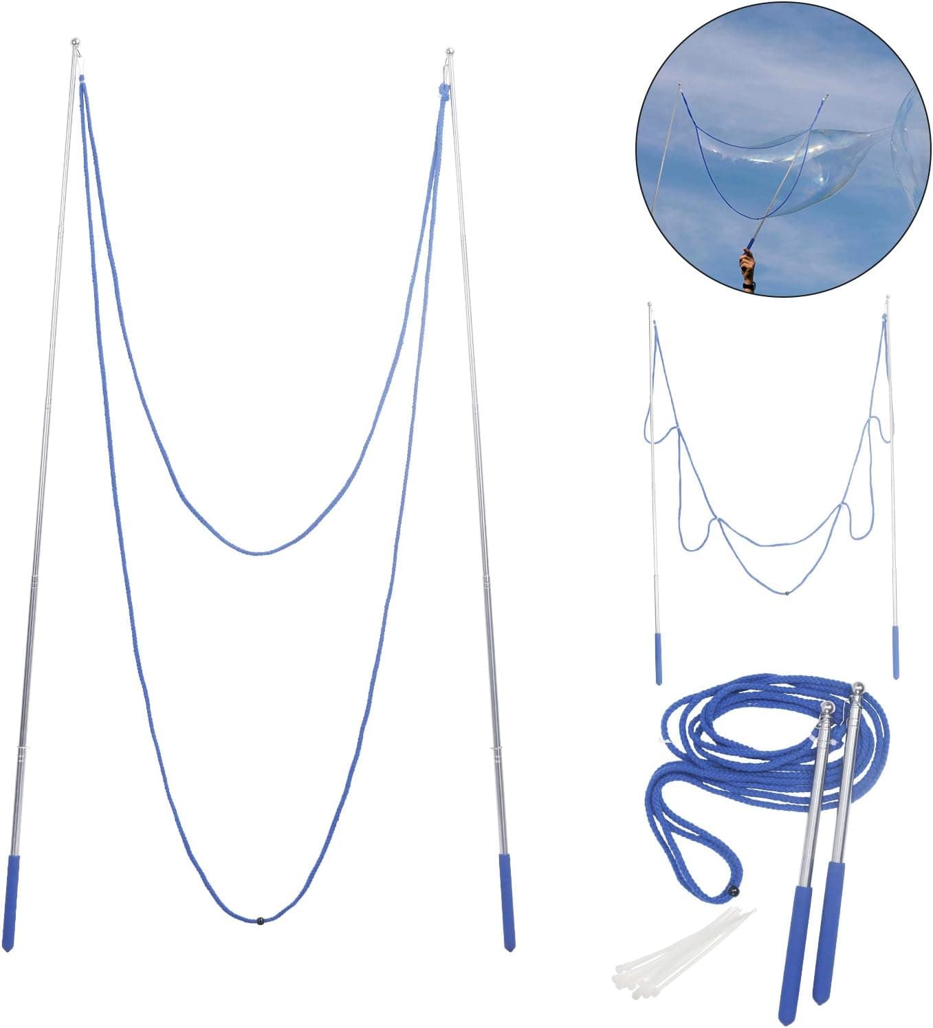 KATOOM Giant Bubble Wands Kit,Stainless Steel Telescopic Super Soap Bubbles Maker with Rope and 10pcs Cable Ties for Kids & Adult Outdoor Birthday Party Activity Garden Game (Blue)
