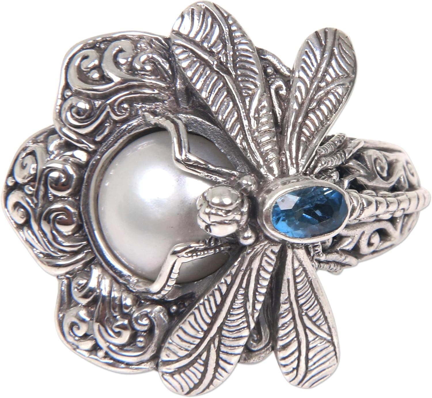 NOVICA Handmade Rafflesia Flower - Cultured Pearl Cocktail Ring Dragonfly, Cocktail Ring, Rings for Women, Christmas Gifts for Women, Jewelry for Women, Women's Rings