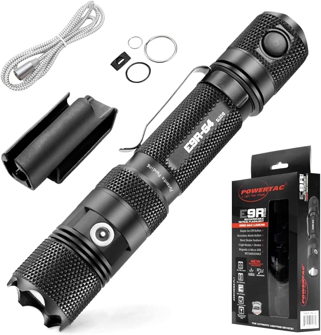 PowerTac E9R G4 LED Tactical Flashlight with Magnetic USB Rechargeable Cable, Super Bright CREE 2550 Lumens Rechargeable Flashlight for Emergency or Camping, Waterproof