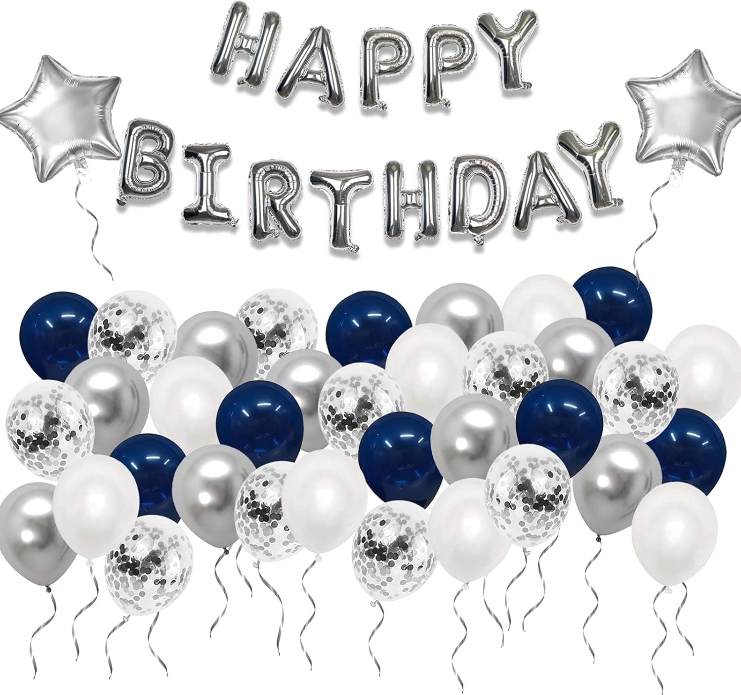 Navy Blue Birthday Party Balloons Kit, 65PCS 12 Inch Balloons Silver Confetti Balloons Happy Birthday Banner for Men Women Boys Girls Birthday Christmas Festival Picnic or Family Party Decorations