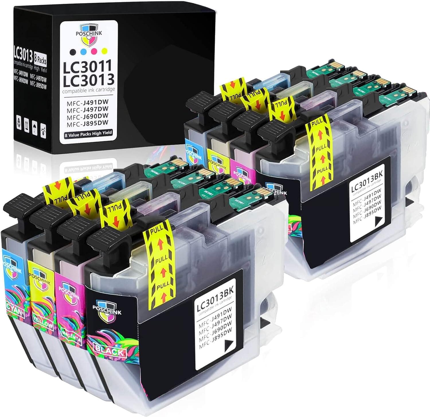 Poschink LC3013 LC3011 Ink Cartridges BK/C/M/Y for Brother MFC-J491DW MFC-J497DW MFC-J690DW MFC-J895DW Printers, Black/Cyan/Magenta/Yellow 8 Packs