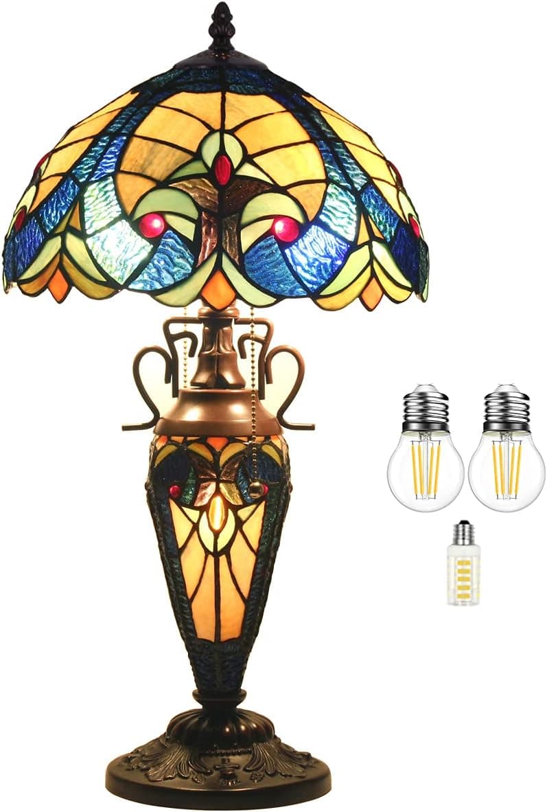 WERFACTORY Tiffany Style Lamp Yellow Liaison Stained Glass Table Lamp 12X12X22 Inches Mother-Daughter Vase Desk Reading Light Decor Bedroom Living Room Home Office S160E Series