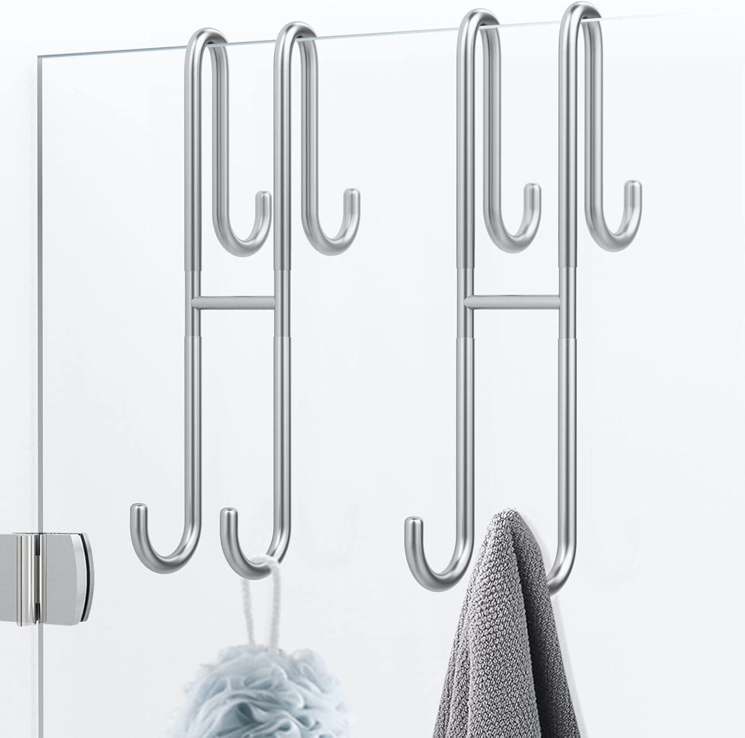 Simtive Super Extended Shower Door Hooks (10 Inch), 2 Pack Double Side Towel Hooks for Bathrooms with Anti-Slip Rubber Layer, Stainless Steel, Silver