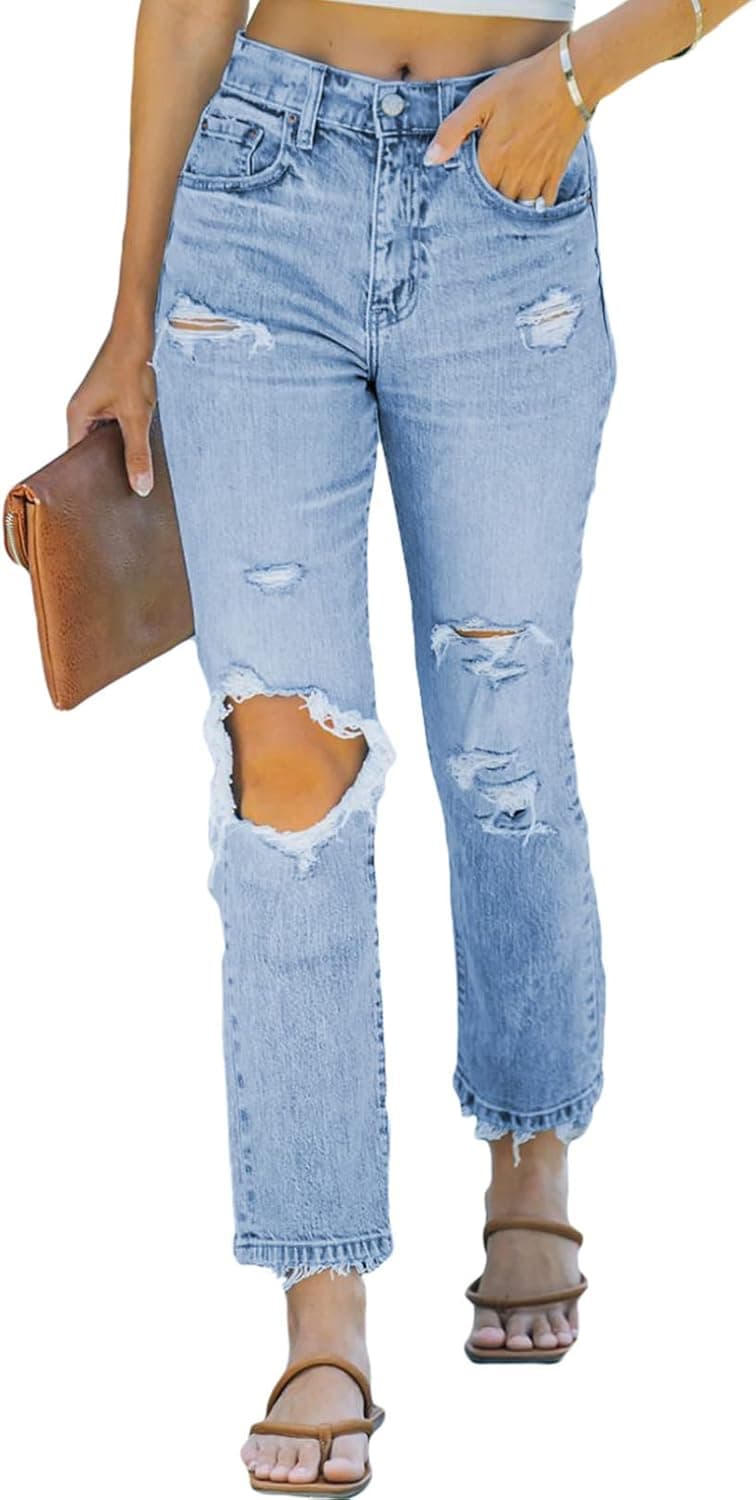 Astylish Womens Ripped High Waisted Jeans Distressed Boyfriend Denim Pants