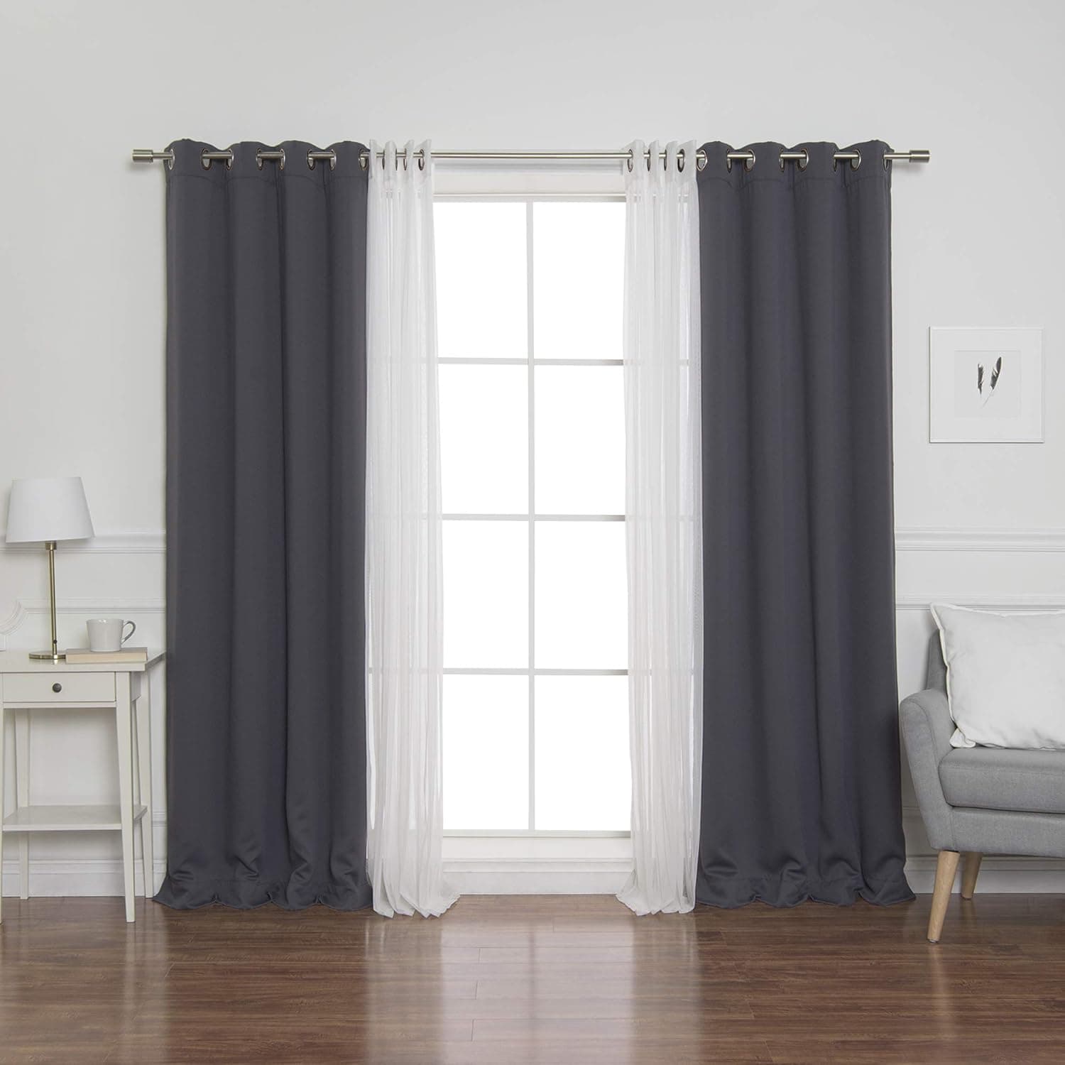 Best Home Fashion uMIXm Tulle Sheer Lace & Blackout 4 Piece Curtain Set - Antique Bronze Grommet Top - Dark Grey - 52" W X 96" L - (Set of 4 Panels)