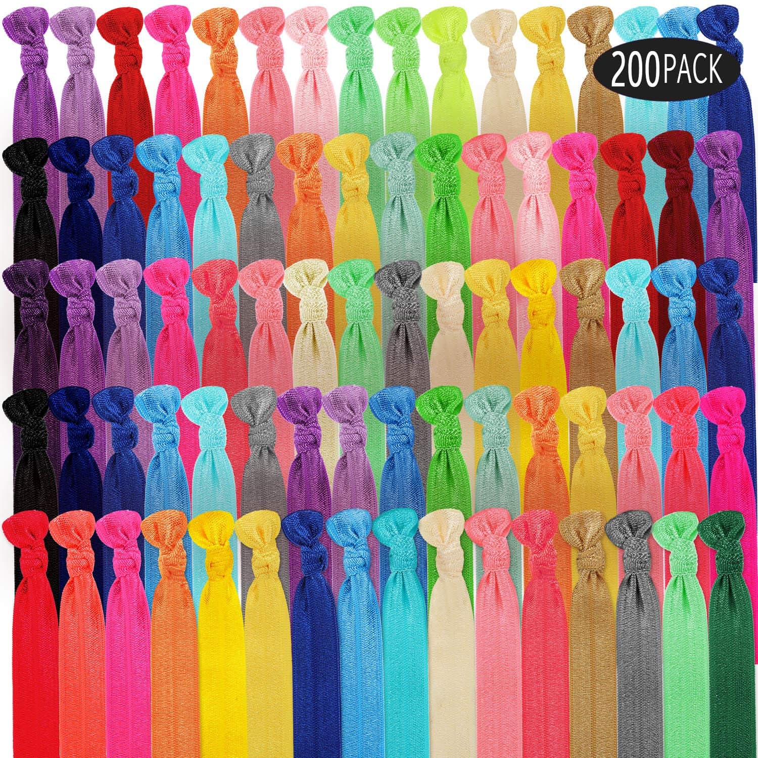 200 Pieces Elastic Knotted Hair Ties Colorful Ribbon Hair Bands No Crease Ponytail Holders Multicolor Fold Over Hair Accessories for Women Girls