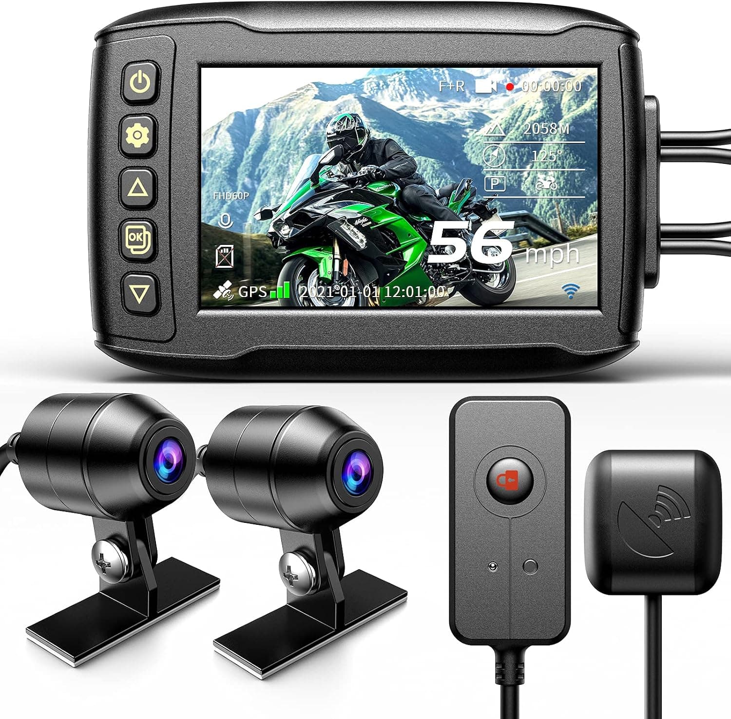 Blueskysea DV999 Pro 60FPS 1080P Motorcycle Dash Camera Front and Rear Loop Recording IP67 Waterproof 4'' IPS Screen 150° Wild-Range GPS WiFi G-Sensor Rugged with 32GB Card for Bike Rider
