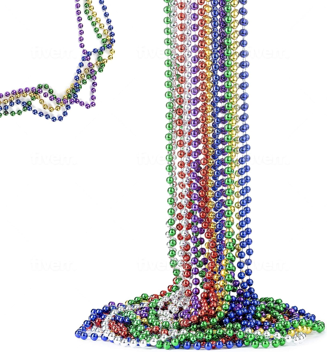FAVONIR Colorful Assorted Beaded Necklace 24 Pack Of Metallic Round Mardi Gras Costume Necklace Accessory 33 Inch 7 mm– For Events And Party Favor Novelty