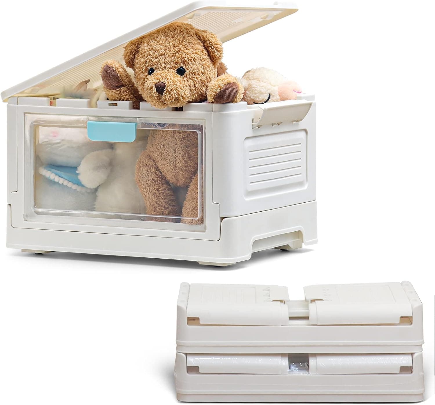 ELUCHANG Stackable Storage Bins with Lids Large Storage Bins 23Qt Foldable Collapsible Storage Box for Bathroom Closet Organizers and Storage 4 Wheels& Secure Buckle(One Door, 23Qt.)