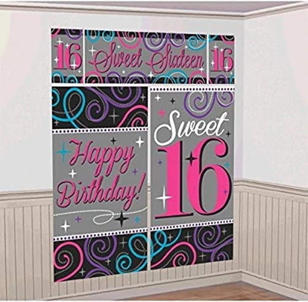 Sweet Sixteen Celebration Birthday Party Scene Setters Wall Decorating Kit (5 Pack), Multi Color, .
