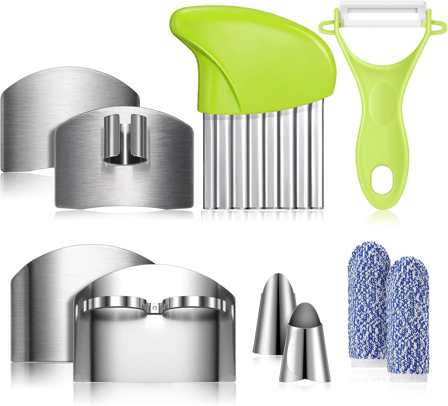 Romooa 10 Pieces Finger Guard Set for Cutting Cot Stainless Steel Protector Adjustable Thumb Crinkle Cutter Wavy Knife Dishwasher Safe Ceramic Y Peeler Food Potato, ONE SIZE