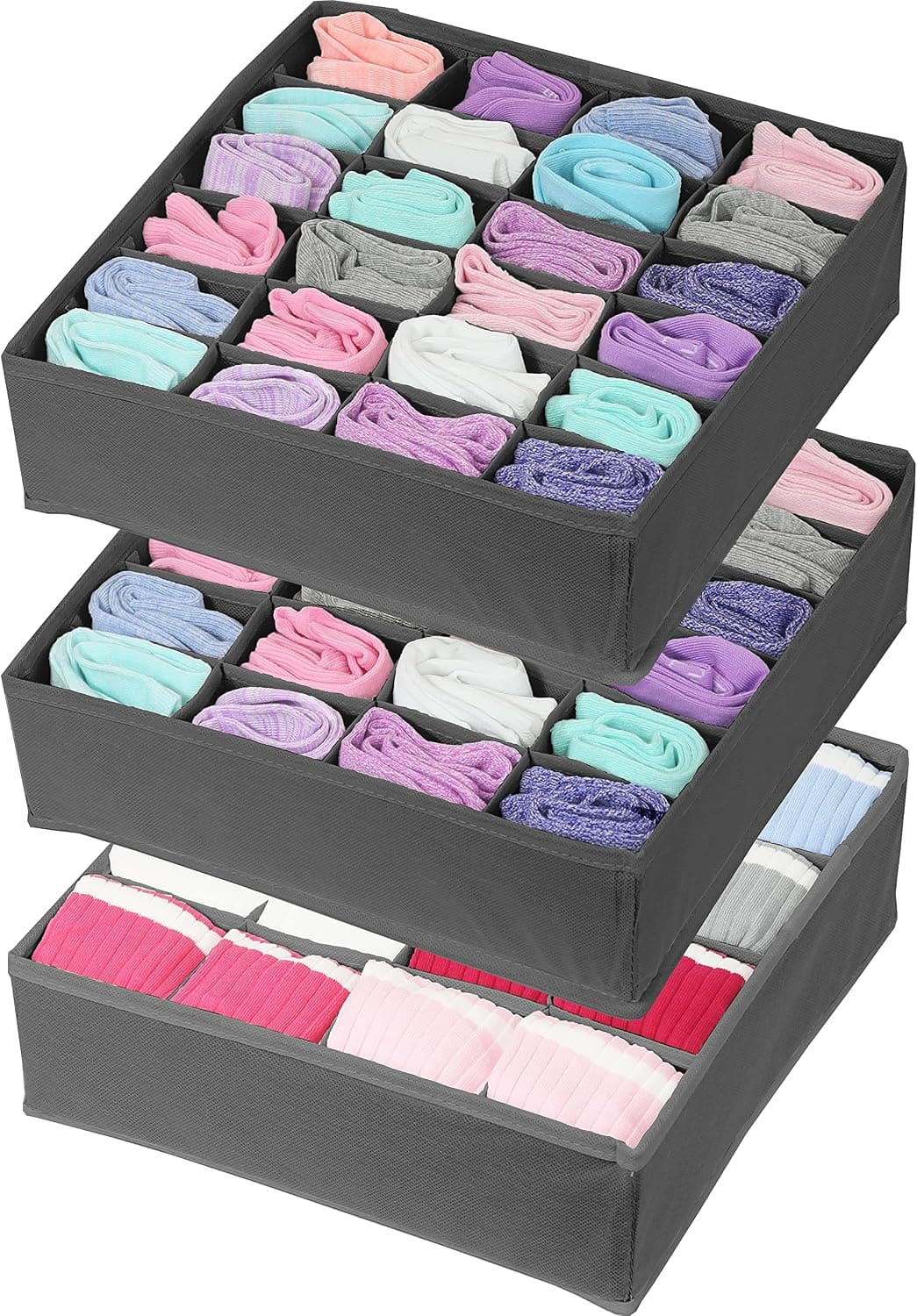 Simple Houseware 3 Pack Socks Underwear Drawer Organizer (24+24+16 cells), Dark Grey