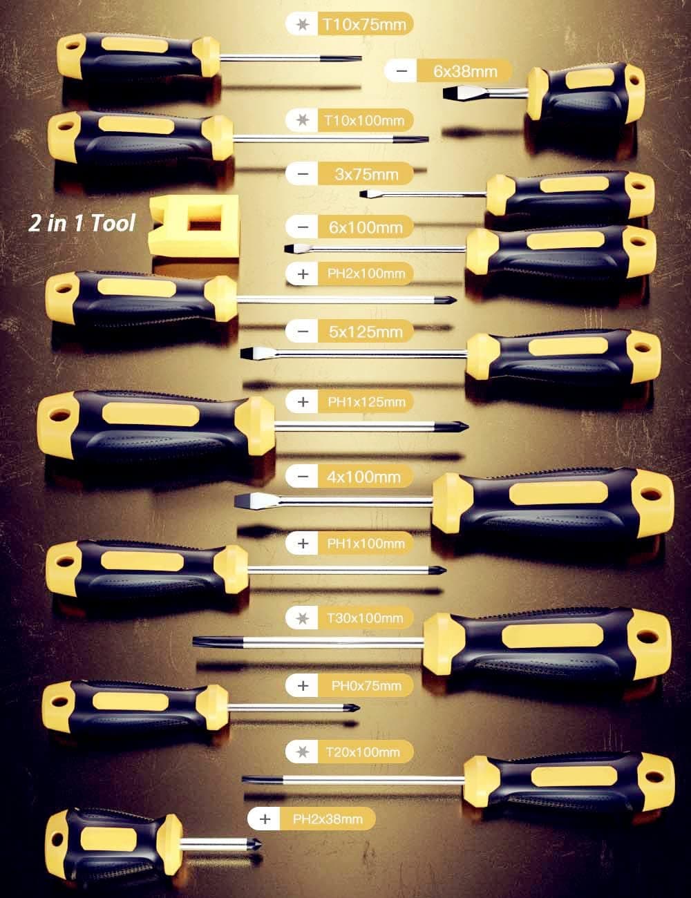 14-Piece Magnetic Screwdrivers Set, Precision Repair Kit Includes Slotted/Phillips/Torx, Non-Slip Cushion Grip Professional Tools Screwdriver Bits