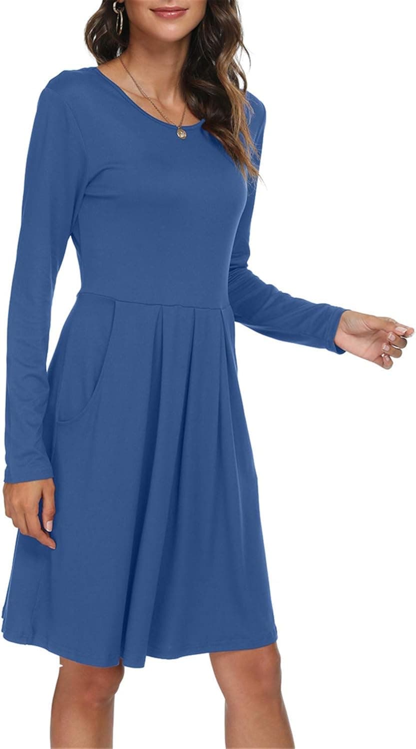DouBCQ Women's Casual Long Sleeve Flowy Pleated Fall Dresses with Pockets