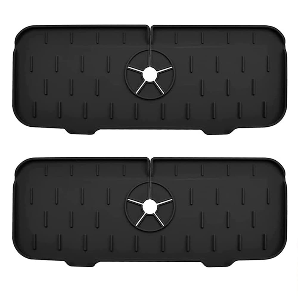 WREOW 2PCS Silicone Faucet Mat Sink Splash Guard Handle Drip Catcher Tray Mat Faucet Washers Faucet Drain Drying Pad for Kitchen and Bathroom (Black)