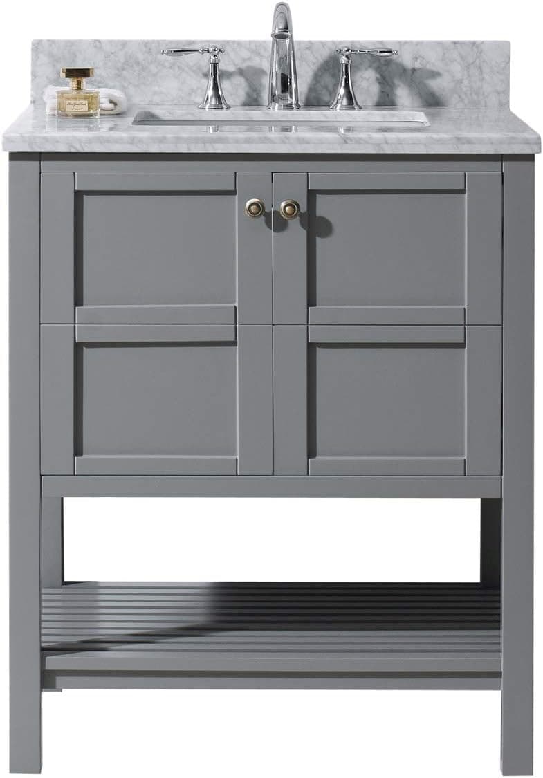 Virtu USA ES-30030-WMSQ-GR-NM Winterfell 30" Single Bathroom Vanity in Grey with Marble Top and Square Sink, 30 inches, Cool Gray