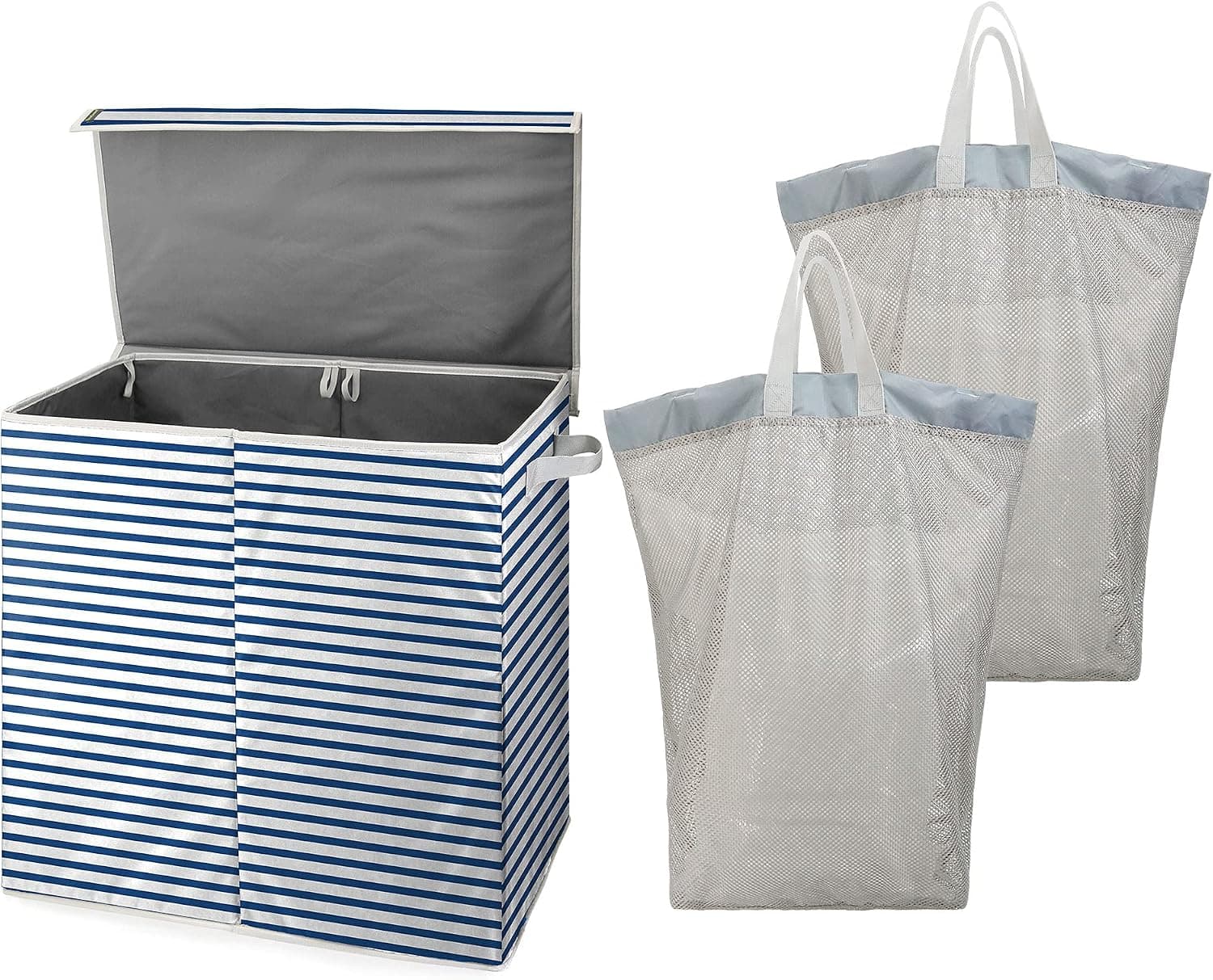 BeeGreen X-Large Double Laundry Hamper with Lid Laundry Basket Collapsible Laundry Hamper with 2 Removable Mesh Laundry Bags with Handle for Bedroom Laundry Room Closet Bathroom College Stripe