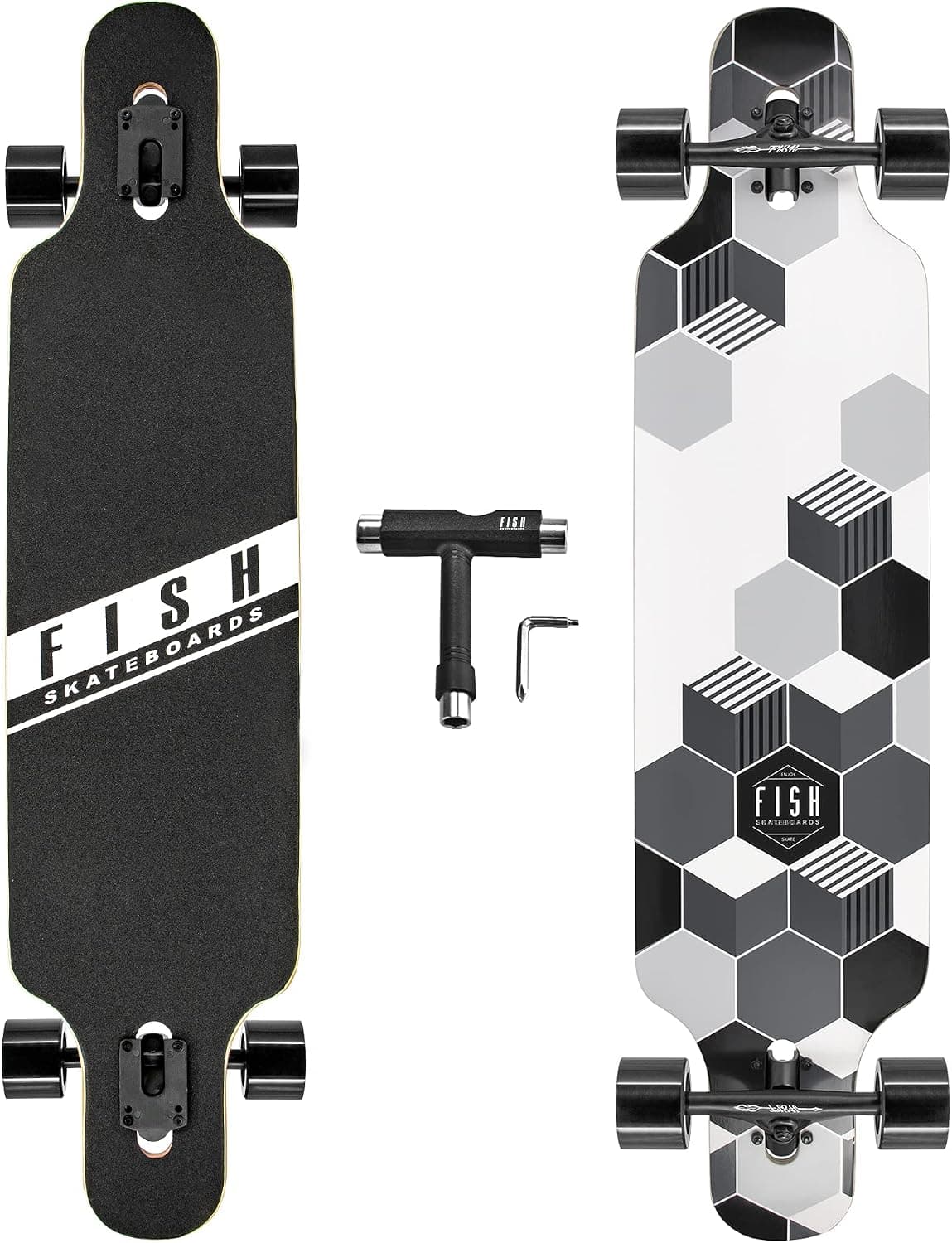 FISH SKATEBOARDS 41-Inch Downhill Longboard Skateboard Through Deck 8 Ply Canadian Maple, Complete Cruiser, Free-Style