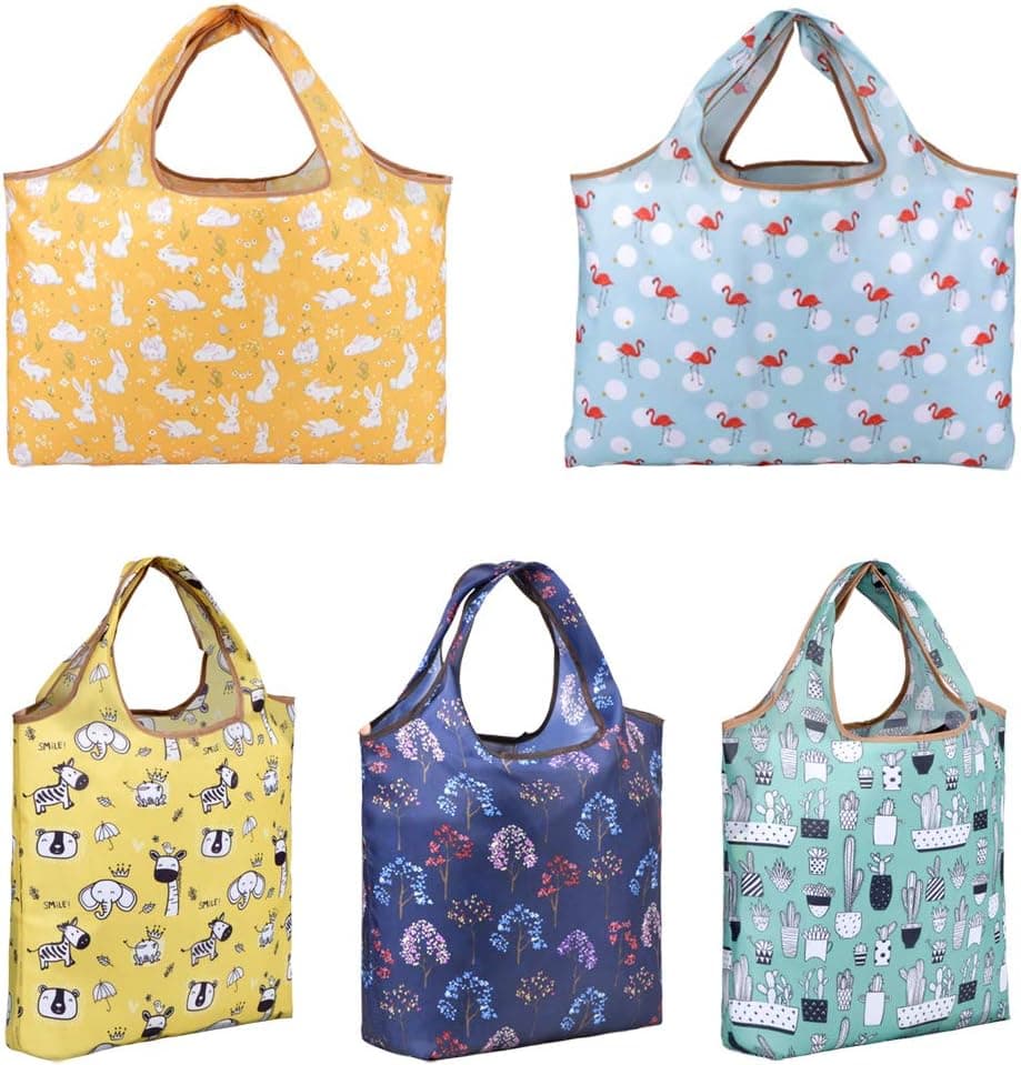 Reusable Shopping Bags, Foldable Grocery Bags, Reusable Grocery Tote Bags With Pouch Attached, Ripstop Polyester, Washable Lightweight(2 Large and 3 Medium) (Reusable Shopping Bags(2 L & 3 M)-02)