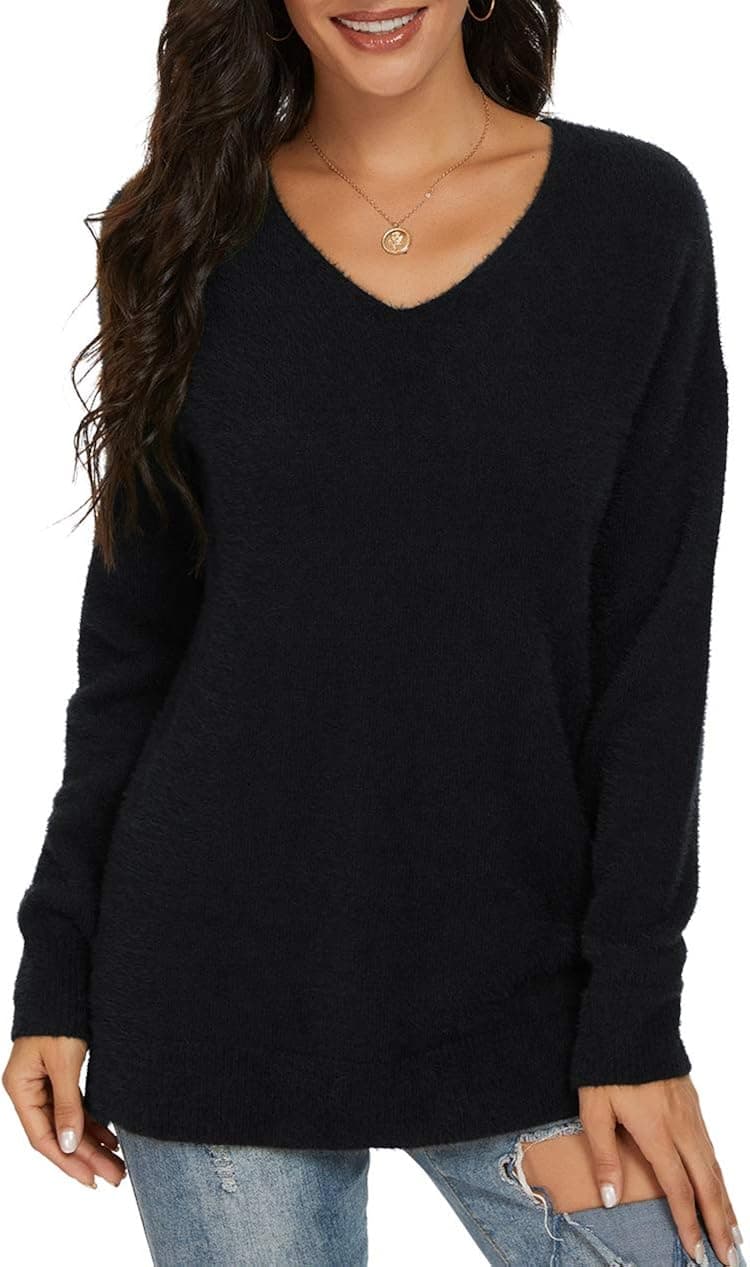 QIXING Women's Casual V-Neck Long Sleeves Side Split Loose Fit Fuzzy Knit Pullover Sweater Tops