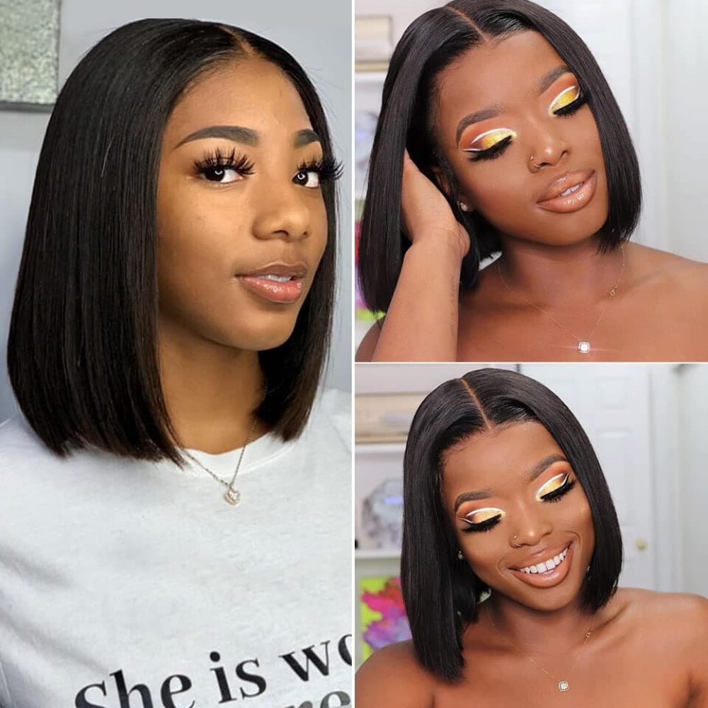 14 Inch Straight Bob Wigs Human Hair 4X4X1 T Part Lace closure Bob wigs for Black Women Brazilian Virgin Human Hair Straight Bob Lace Front Wigs with Baby Hair Pre Plucked 150% Density Naural Black Color (14 Inch, Natuaral Black Bob)