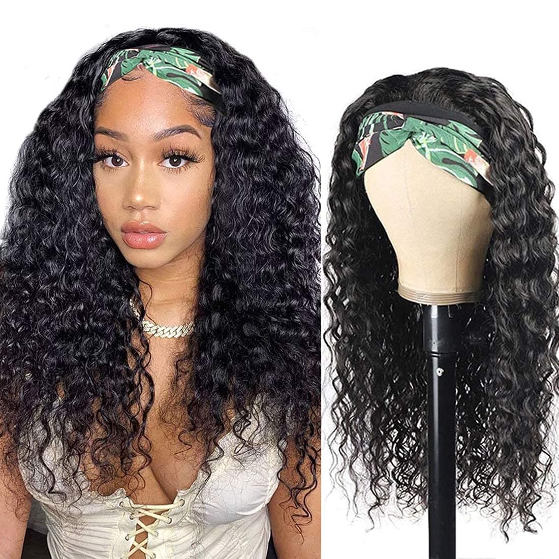 Headband Wig Deep Wave 3 Bundles with Closure Unprocessed Brazilian Human Hair Extensions Deep Curly Hair Weave Bundles with Lace Closure Natural Color (10 12 14+10) …