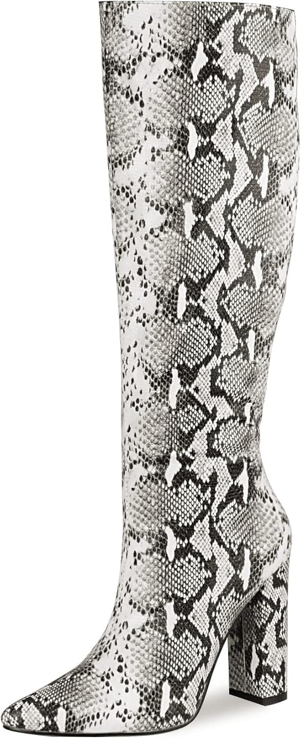 WETKISS Womens Knee High Colorful Snakeskin Boots, Snake Print Chunky High Heels Pointed Toe Zipper Slouch Shoes
