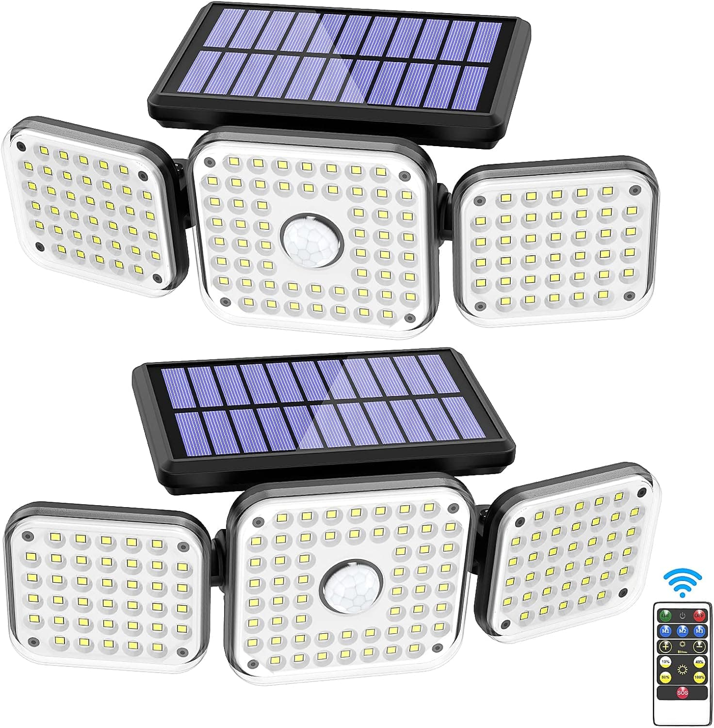 Solar Lights Outdoor, 132 LED 1500LM Solar Security Flood Lights with Remote Control, Wireless Motion Sensor Lights 3 Heads 270° Wide Angle Illumination IP65 Waterproof Wall Lights (2 Packs)