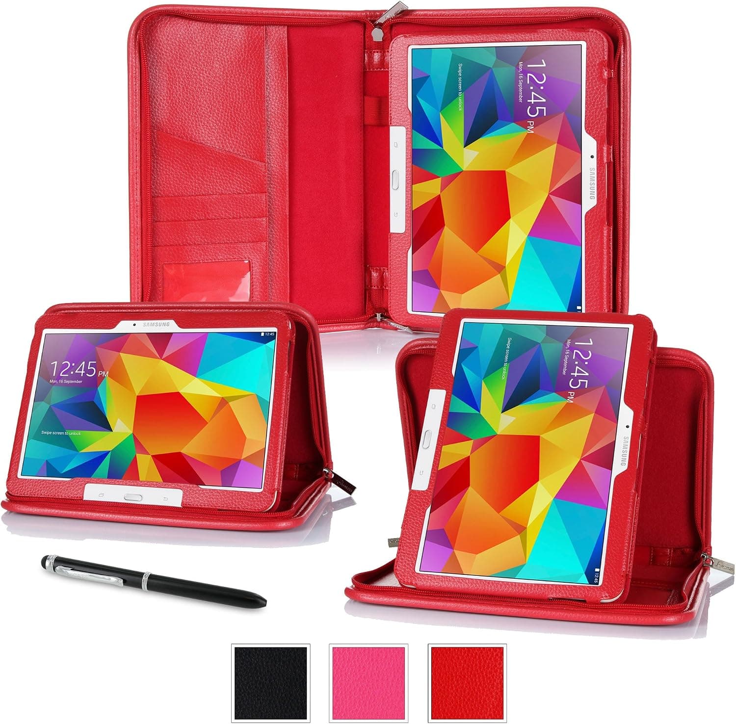 rooCASE Samsung Galaxy Tab 4 10.1 Case - Executive Portfolio Leather 10.1-Inch 10.1" Cover with Landscape, Portrait, Typing Stand, Hand Strap - Red (With Auto Wake / Sleep Cover)
