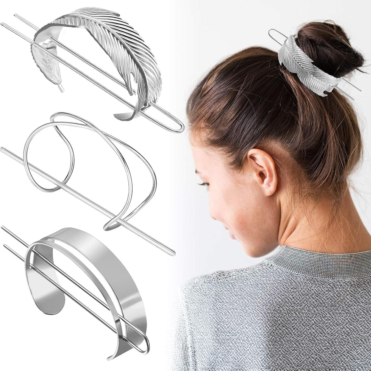 3 Pieces Hair Bun Clip Set, Includes Feather Hair Cuff Bun, X Shaped Hair Cuff Bun and Round Top Hair Cuff Bun Hair Stick Hair Bun (Silver)