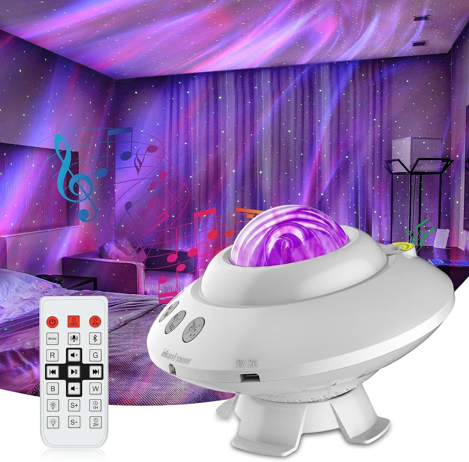 IXI Aurora Star Projector, Night Light Projector with 14 Lighting Effects, Remote Control UFO Shaped Galaxy Projector Night Light with Bluetooth Speaker, Timer & Voice Control for Gift, Kids' Bedroom
