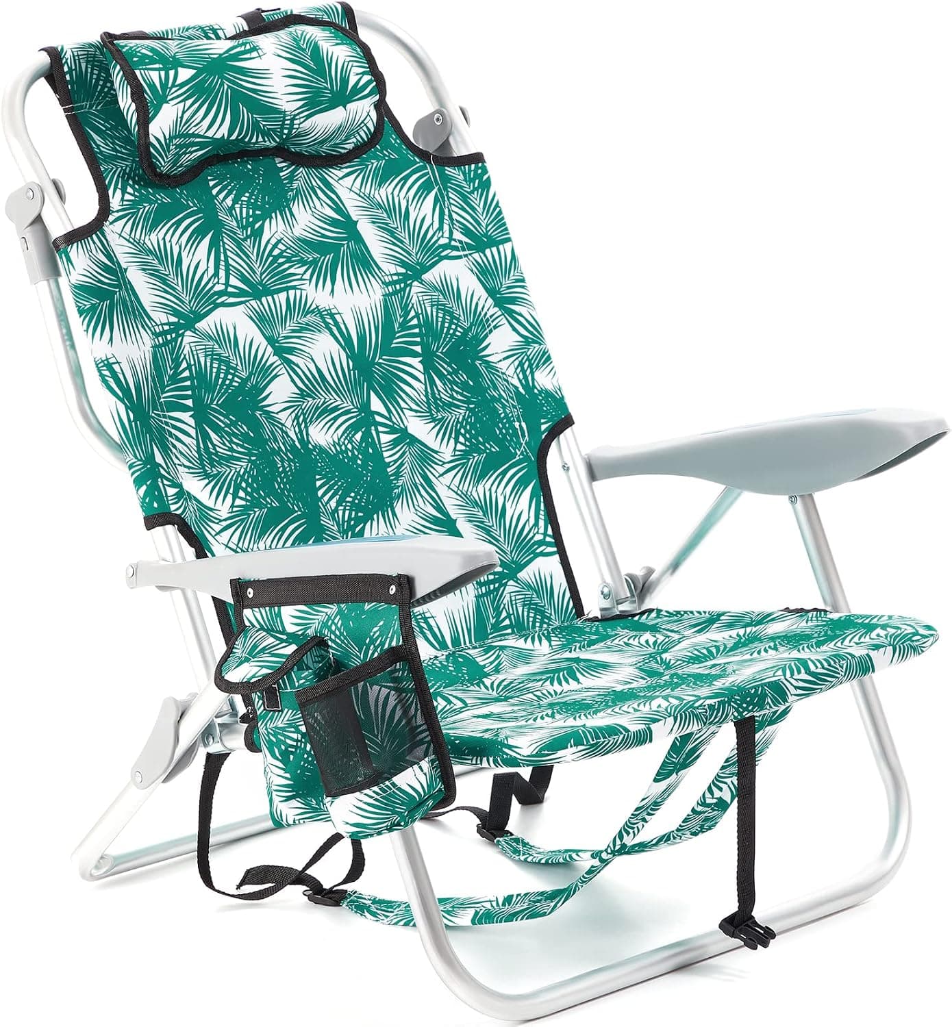 Canpsky Portable Camping Backpack Beach Chair for Adults Folding Beach Chair with 4 Positions for Sand Party Lightweight Lay Flat Beach Chairs with Headrest, Green Leaves