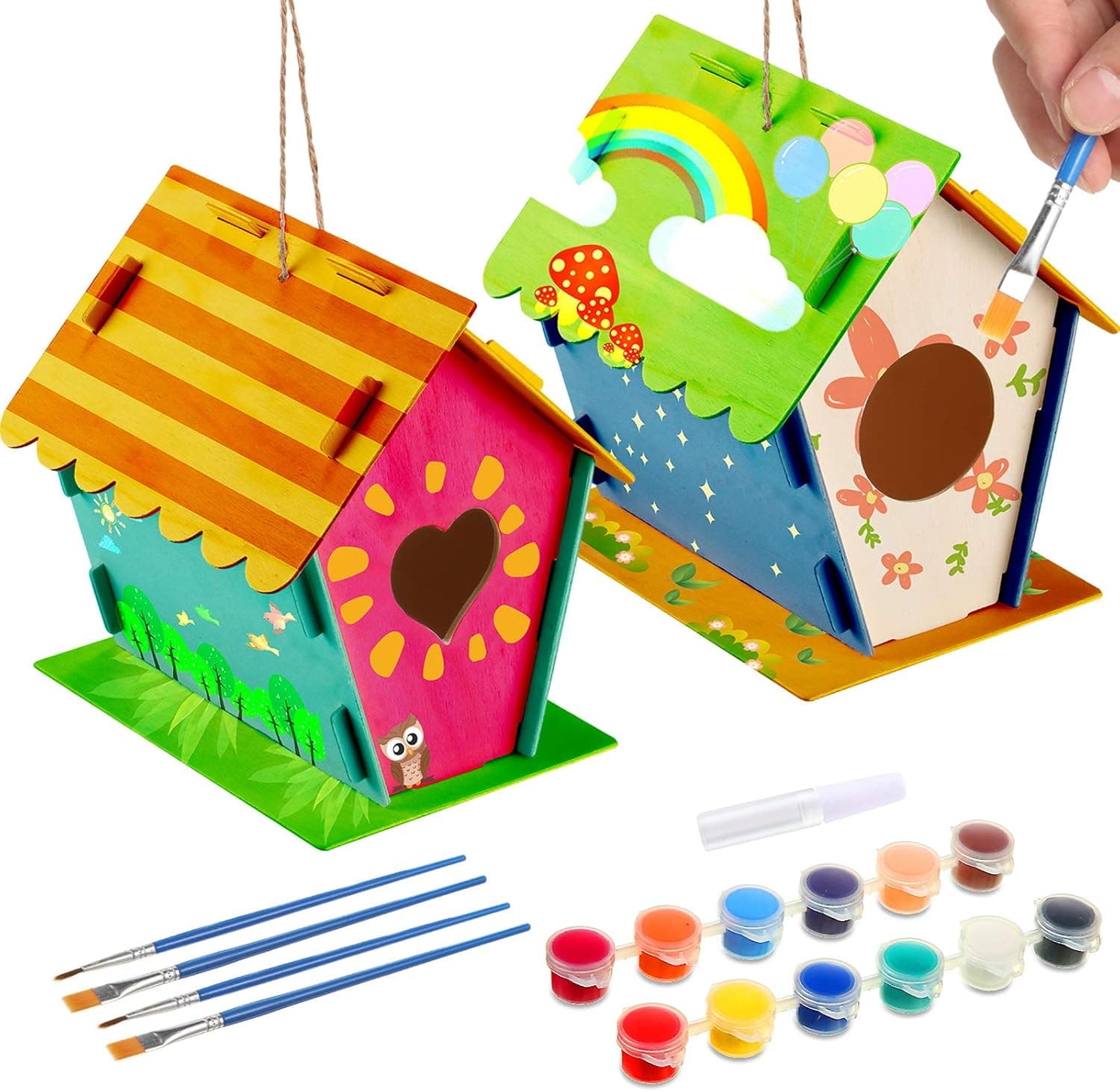 2 Sets DIY Wooden Birdhouse Kits Build and Paint Birdhouse DIY Bird House Kit with 4 Paint Brushes and 1 Glues for Boys and Girls