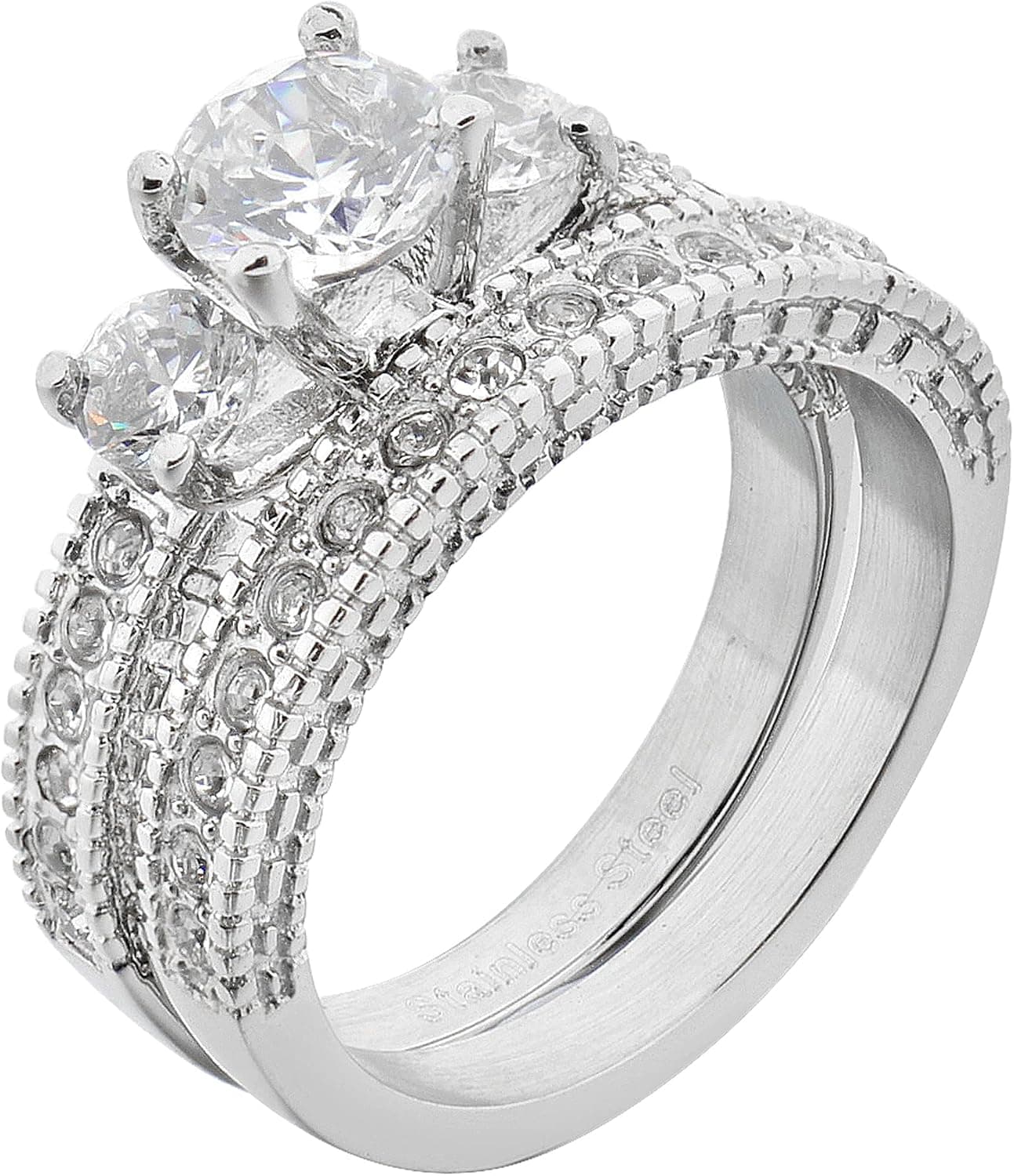 FlameReflection Wedding Ring Set Round Shape Cubic Zirconia Stainless Steel Women 3 Stones Size 5-10