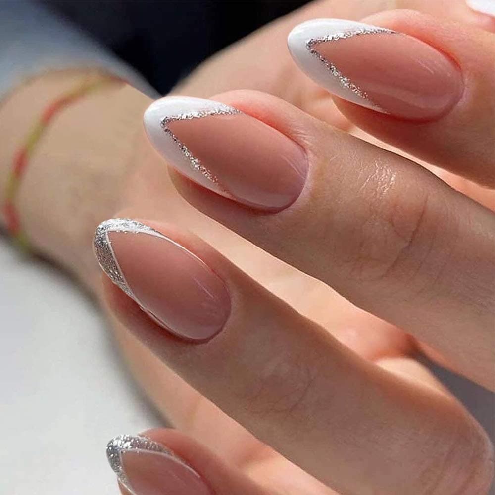 Feilisa French Fake Nails Short Press on Nails Square Crystal False Nails Prom Nails Full Cover Nails Tips 24pcs(Almond french)