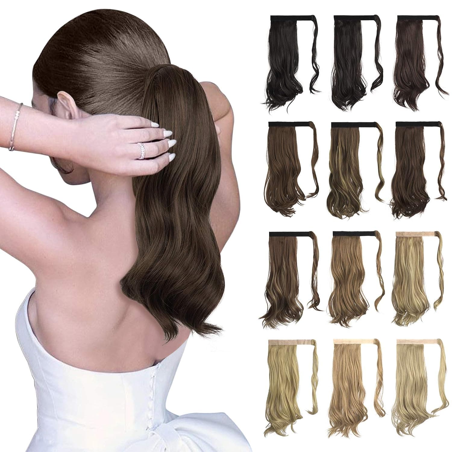 Sofeiyan Curly Ponytail Extension 15 Inch Heat Resistant Synthetic Natural Wavy Hairpiece Wrap Around Pony Tail Hair Extensions for White Black Women Hair Piece, Medium Brown & Light Auburn Mixed