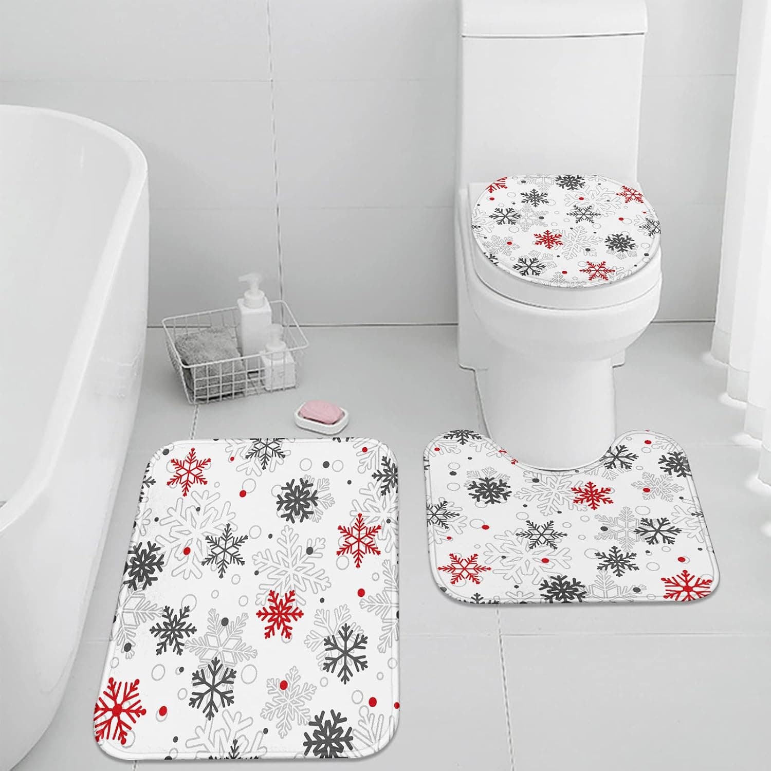 Christmas Bathroom Rug Set of 3,Colorful Snowflake 3 Pieces Bath Mats Set for Bathroom, No Silp Washable Cover Floor Rug Decorations for Kitchen Bathroom Bedroom