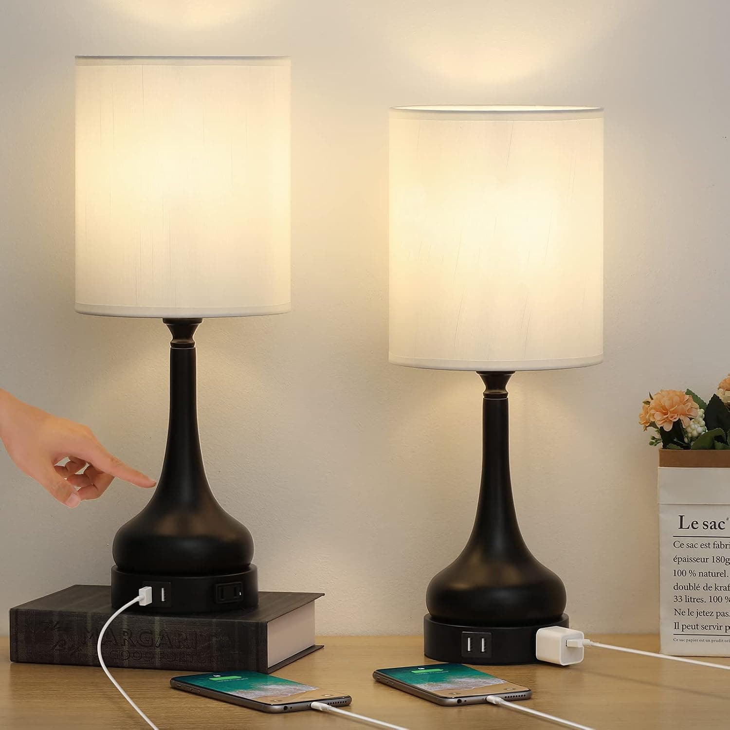 JS NOVA JUNS Touch Control Table Lamps, 3-Way Dimmable Bedside Desk Lamps with 2 USB Ports and AC Outlet for Bedroom Living Room Kids Room,Set of 2 (Led Bulbs Included)