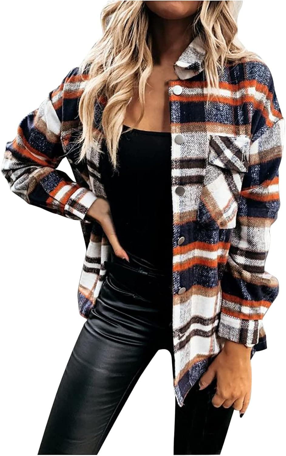 Womens Shacket Jackets with Pockets Fall Plaid Printed Long Sleeve Coat Button Up Flannel Jacket Tunic Blouses
