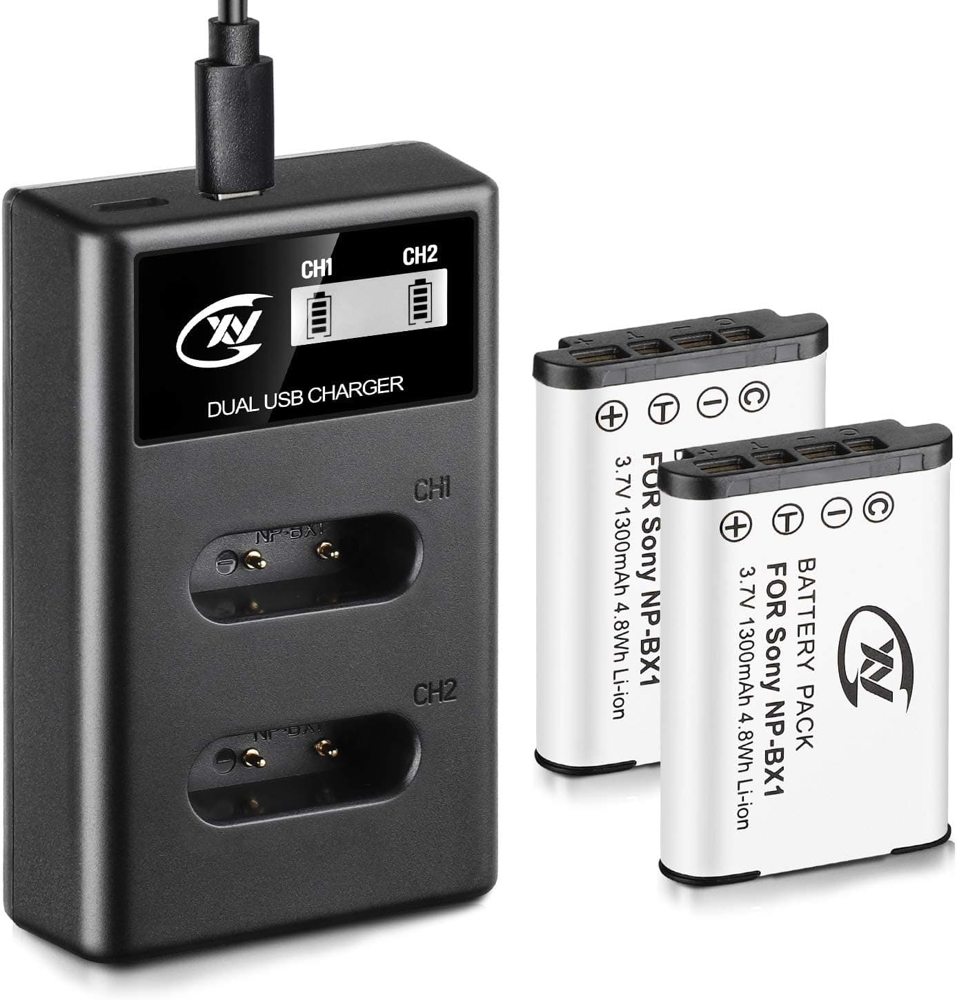 Cxy NP-BX1 Replacement Battery and Rapid Dual LCD Charger for M8,DSC-HX80, HX90V, HX350, RX1, RX1R II,DSC-RX100, DSC-RX100 II/III/M4/M5/M6/M7/Ⅳ/Ⅴ/Ⅵ/Ⅶ/VA, DSC-RX100M II(2Pack,1300mAh)