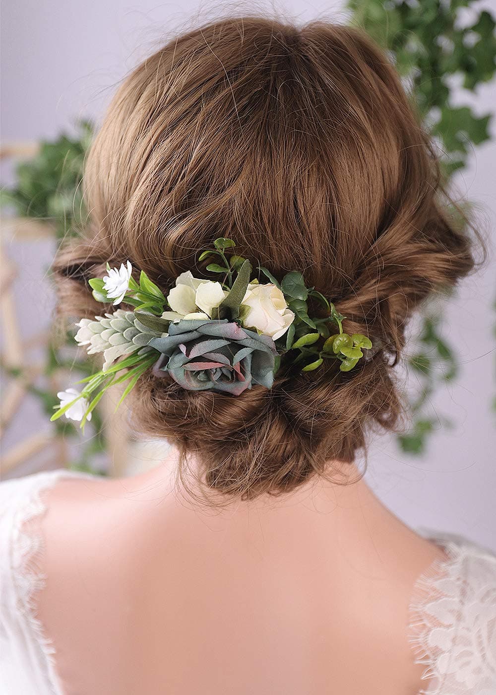 Anglacesmade Bridal Flower Hair Comb Navy Blue Rose Blush Daisy Eucalyptus Greenery Headpiece for Rustic Wedding Photo Shoot Prom Party Festival